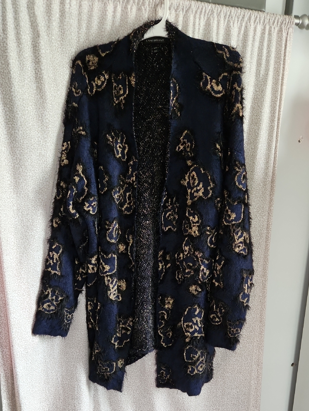 Lane Bryant Navy and Gold Floral Open-Front Cardigan